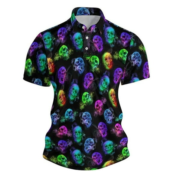 Men Polo Shirts Halloween Skeleton Printed Short Sleeve Button Up Collared Tops Summer Slim Fit Casual Trendy Mens T-Shirts Black L