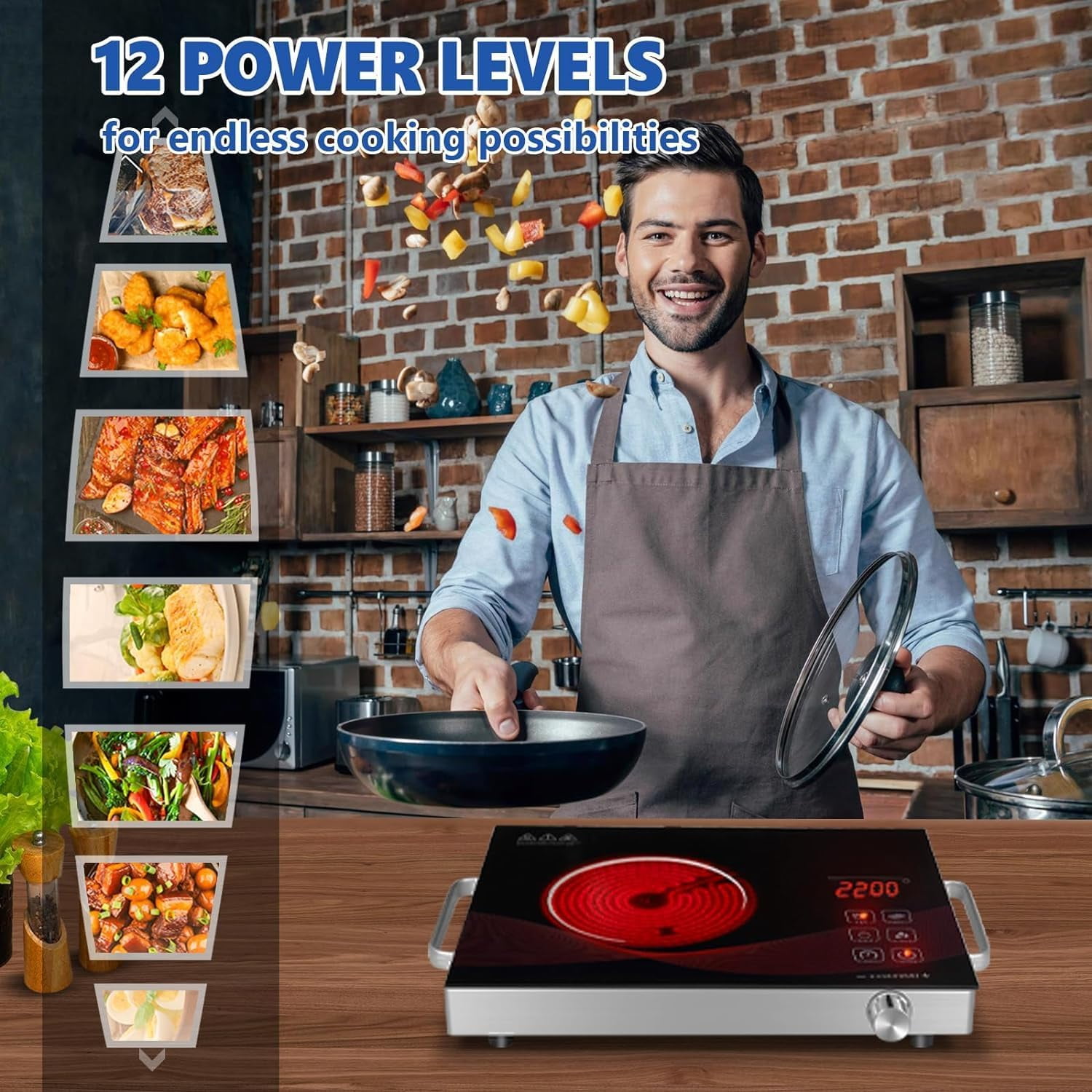 TYEMUI Electric Hot Plate Single Burner for Cooking, Portable Countertop Free Standing Stove Single Burner, 2200 watts Glass Ceramic Cooktop with Timer