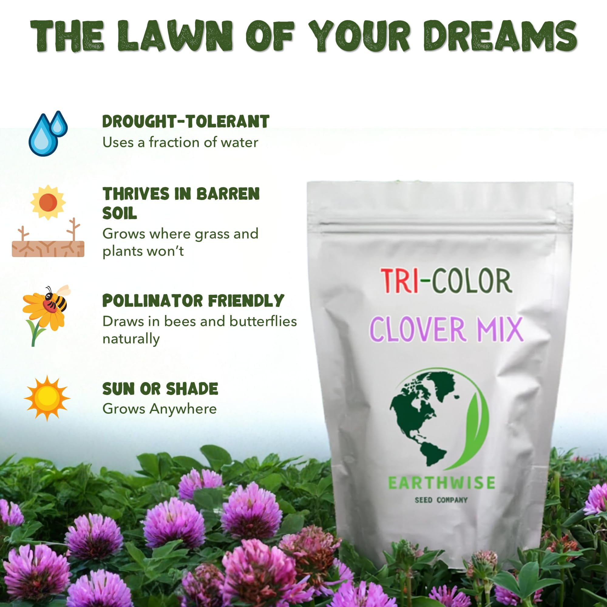 Earthwise Seed Company Tri-Clover Lawn Blend Tri-Clover Seed Grass Seeds, 5 lb - Hardy, Covers 10000 Sq. ft.