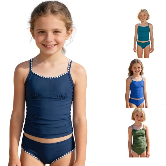 NAFUU Girls Swimsuit Tankini Sets Solid Color Contrast Trim Swimwear 2 Piece Bathing Suit Tankini Top And Bikini Bottoms Summer Big Girls Swimsuits 13-14 Years