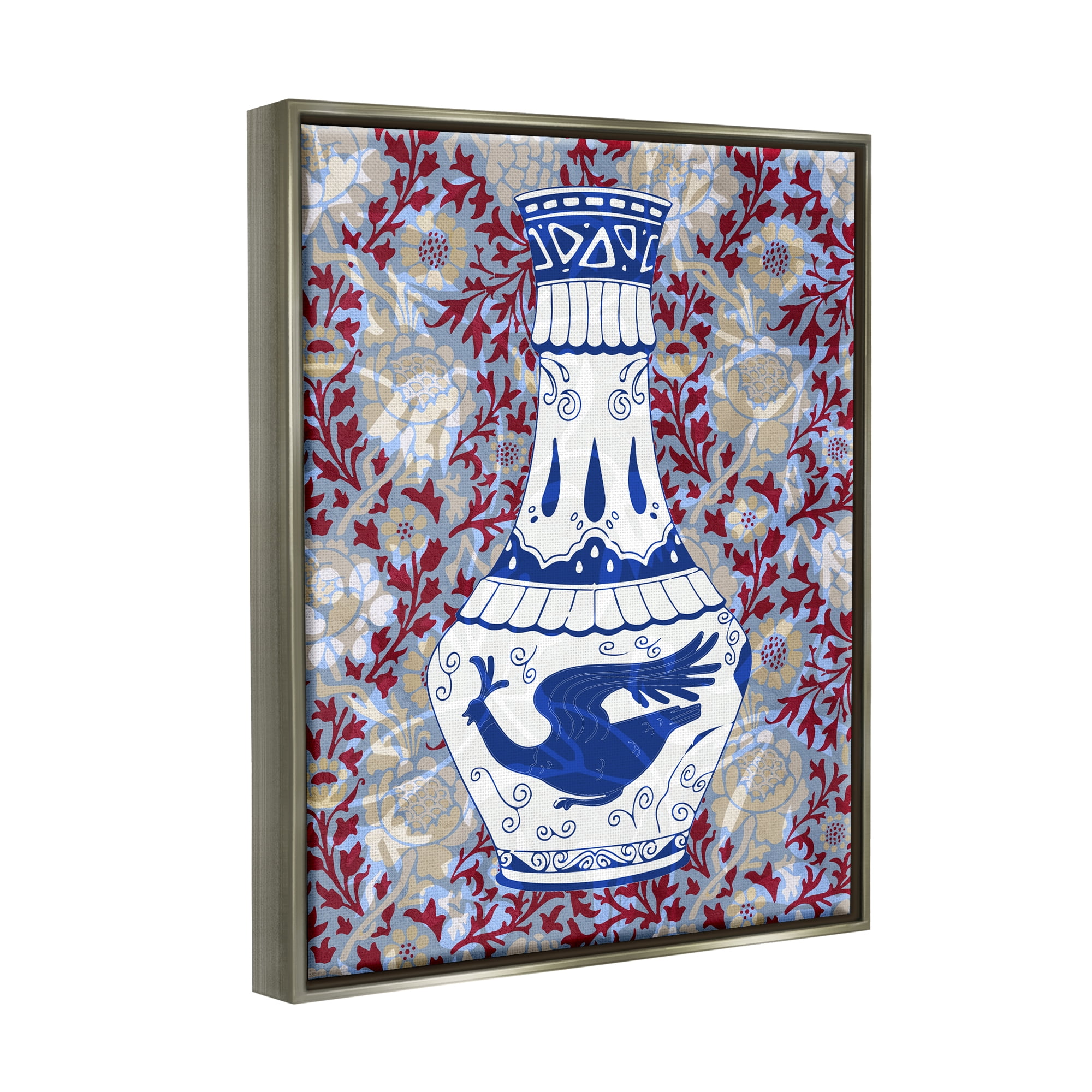 Stupell Industries Red & Blue Baroque Vase Pattern Botanical & Floral Painting Gray Floater Framed Art Print Wall Art