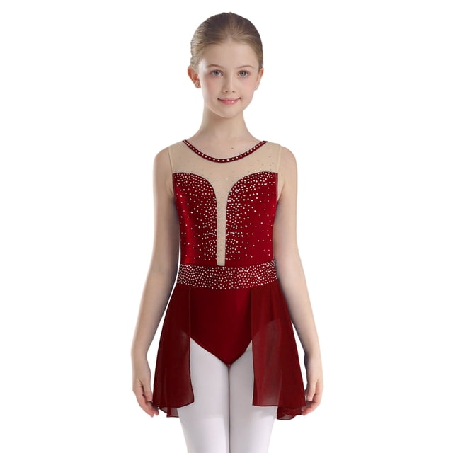 Alvivi Robe de Gymnastique en Strass pour Patinage Artistique pour Adolescentes Sans Manches en Tulle Transparent Justaucorps de Ballet Costume de Performance Lyrique Bourgogne 12