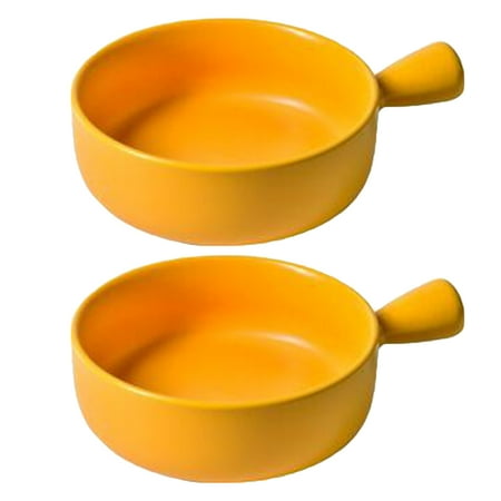 

2 Pcs Round Ceramics Baking Plate Practical Household Baking Tray Fruit Salad Plate with Handle for Home Kitchen Bakery (Yellow)