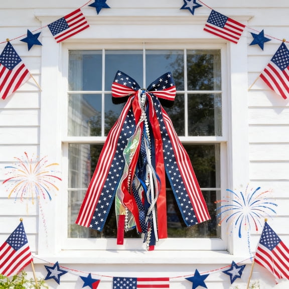 Patriotic Wreath Sash for Front Door, 23.6 Inch Ribbon Bundle with Star, 4th of July Bow Red White Blue for Indoor Outdoor Memorial Day Independence Day Decor