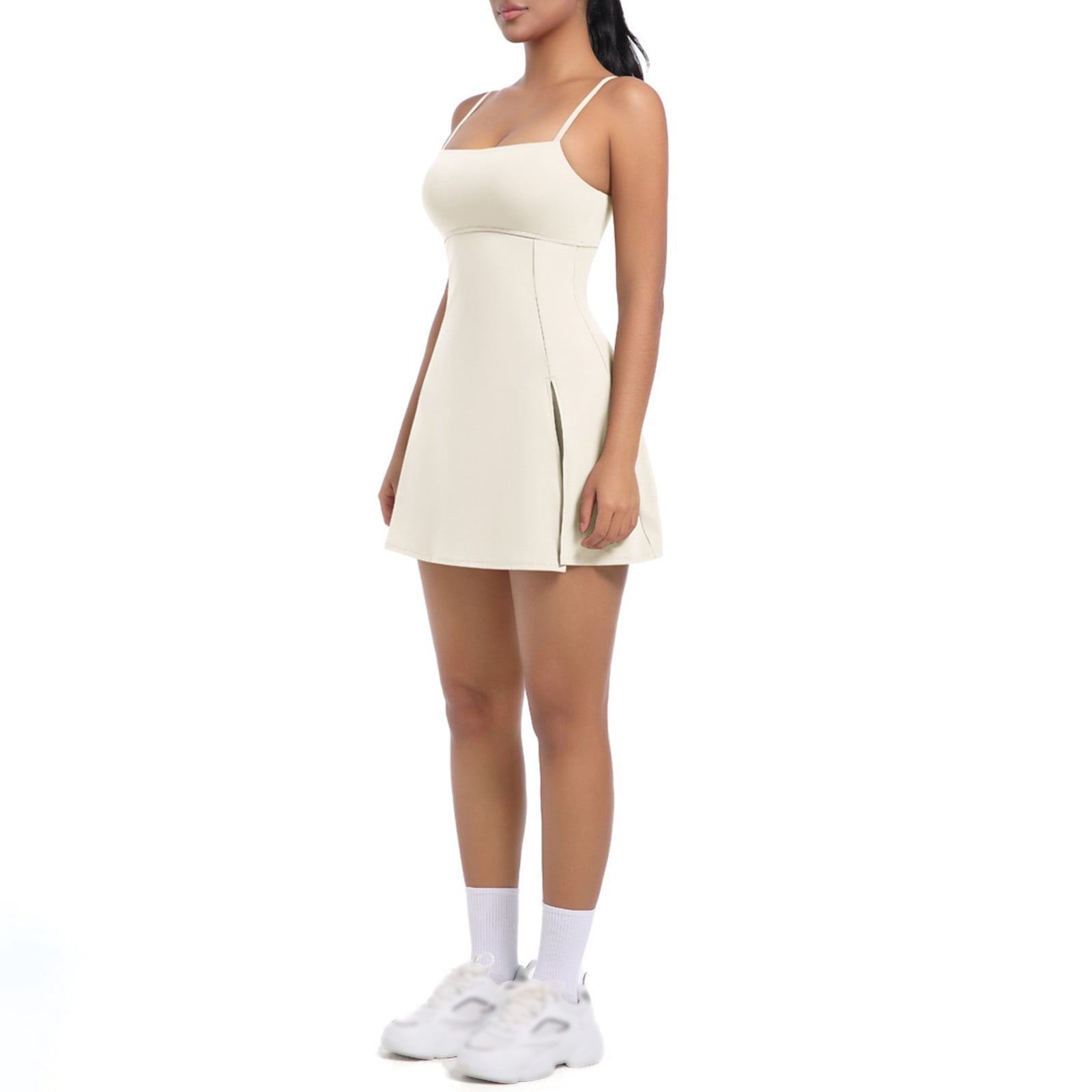jtjvou Women's Tennis Mini Dresses Workout Golf Athletic Sleeveless Backless Spaghetti Strap Slit Dress with Built in Shorts Beige M
