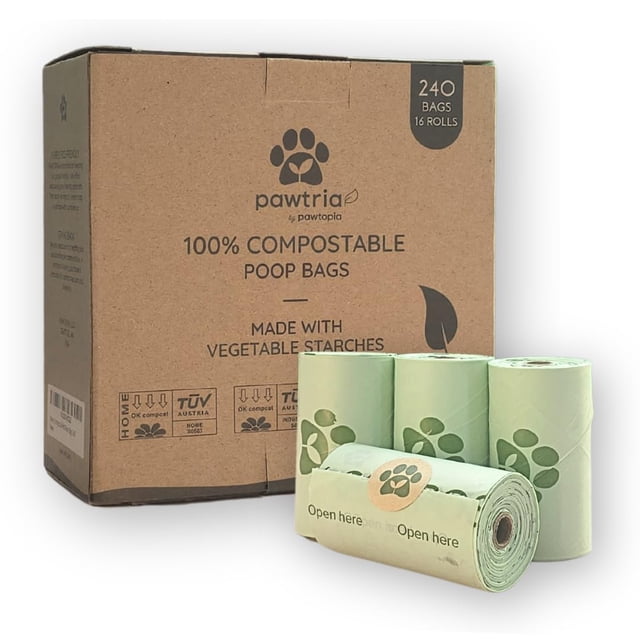 Bolsas para excrementos de perro certificadas por Pawtopia, compostables para el hogar (240)