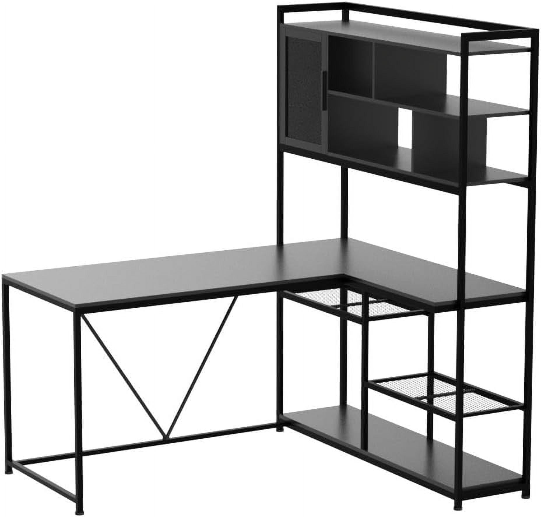 Reversible Gaming Desk with LED Lights & Hutch, L Shaped Computer Desk with 7-Tier Storage Shelves & Glass Cabinet, Black