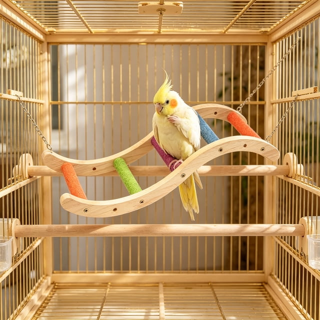 Wooden Parrot Ladder Bird Climbing Ramp Toy Natural Wood Hanging Activity Gym, Multicolor, for Small Birds, with Rope and Screws, 20-35 cm