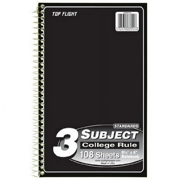 Top Flight Standards 3-Subject Wirebound Notebook 108 Sheets College Rule 9.5 x 6 Inches 1 Notebook Cover Color May Vary (33601)