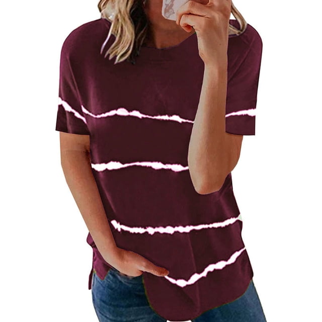 Pxiakgy T-Shirts pour Femmes Mode T-shirt Ample à Manches Courtes Col Rond Imprimé Rayé Hauts T-Shirts pour Femmes + L