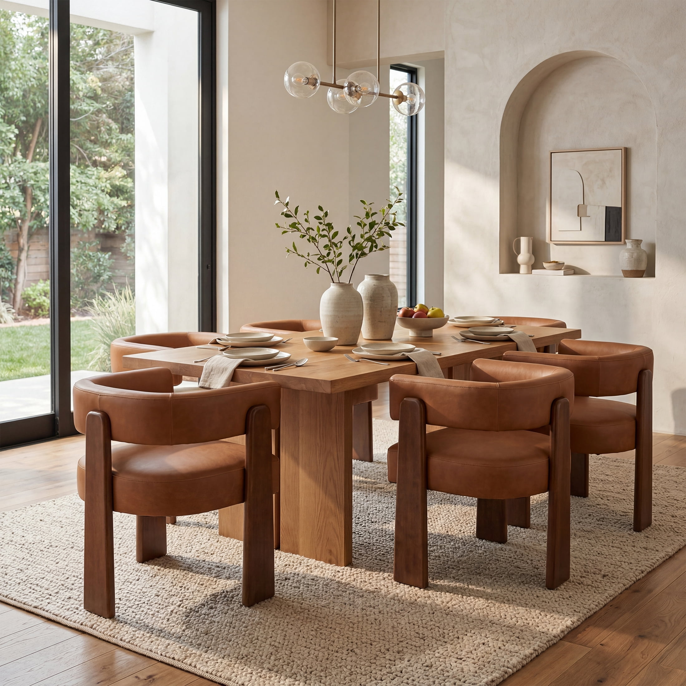 Guyou Barrel Dining Chairs Set of 6, Modern PU Upholstered Dining Room Chairs with Curved Back, Farmhouse Wooden Accent Side Armchairs for Dining Room, Living Room, and Kitchen, Brown