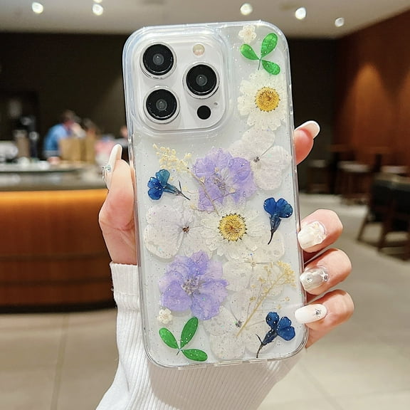 for iPhone 16 Pro Max/16Pro/16Plus/16 Clear Case with Pressed Real Flowers Design, Floral Pattern Slim Soft TPU Protective Women Phone Cover