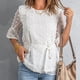 thumbnail image 4 of Mujeres Causal Color Sólido Pom Manga Corta Cuello Redondo Cinturón Suelto Camiseta Tops Blusa Jersey Fridja  bn5559, 4 of 9