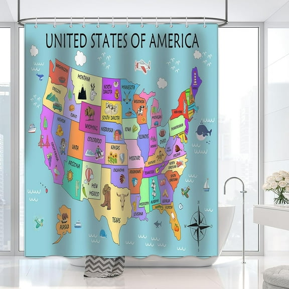 United States Map Shower Curtain, USA Shower Curtain Cartoon Animal US Map Kids Educational Shower Curtain Set Waterproof Bath Tub Curtain Bathroom Decor with 12 Hooks, 72x72 inches