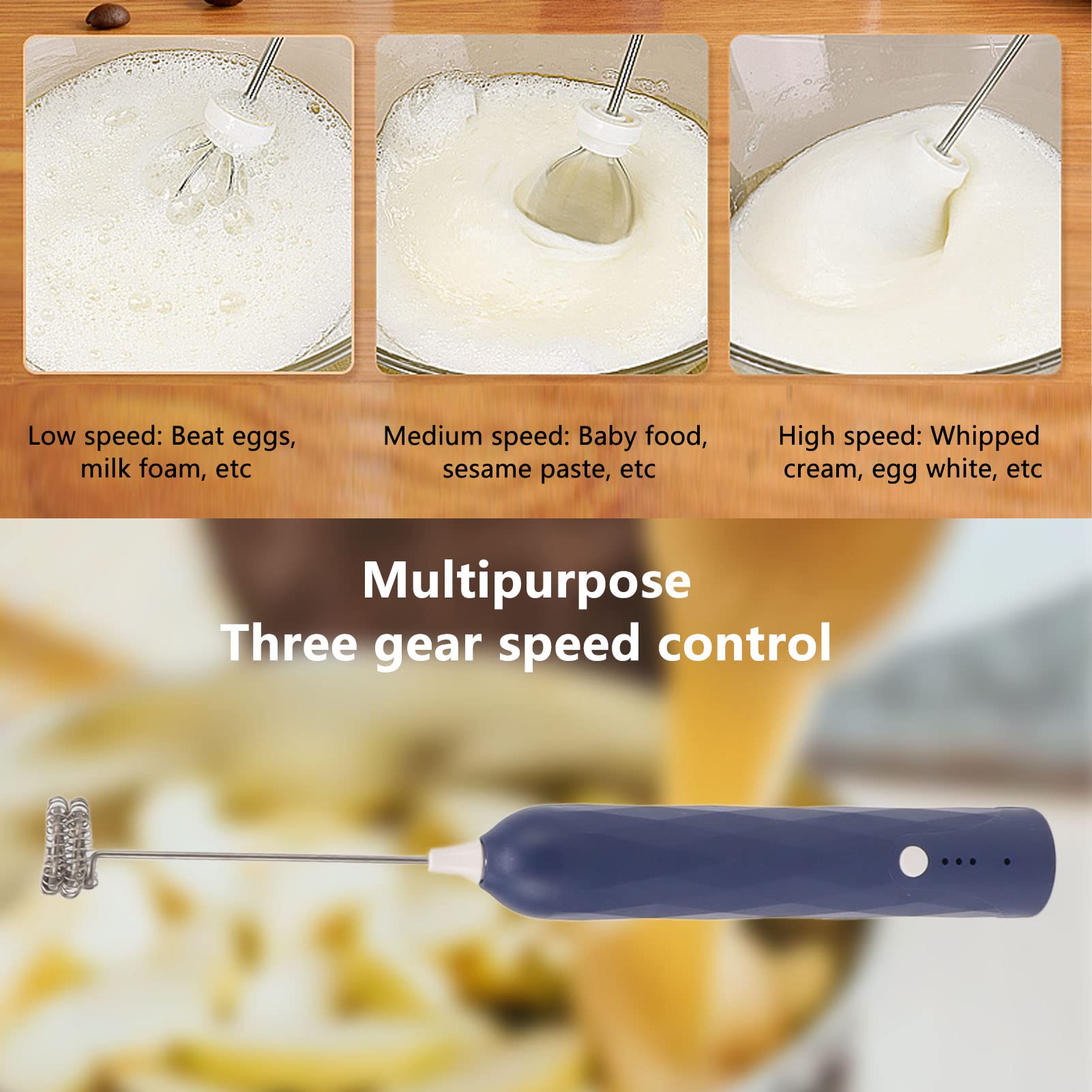 Handheld Milk Frother, Coffee Foam Maker USB Rechargeable Hand Drink Mixer 3 Speeds Electric Whisk Adjustable Hand Held Blender with 2 Heads (Blue)