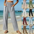 thumbnail image 2 of Women's Straight Leg Summer Linen Travel Pants, Elastic Waist Loose Lightweight Business Casual Trousers with Pockets, 2 of 6