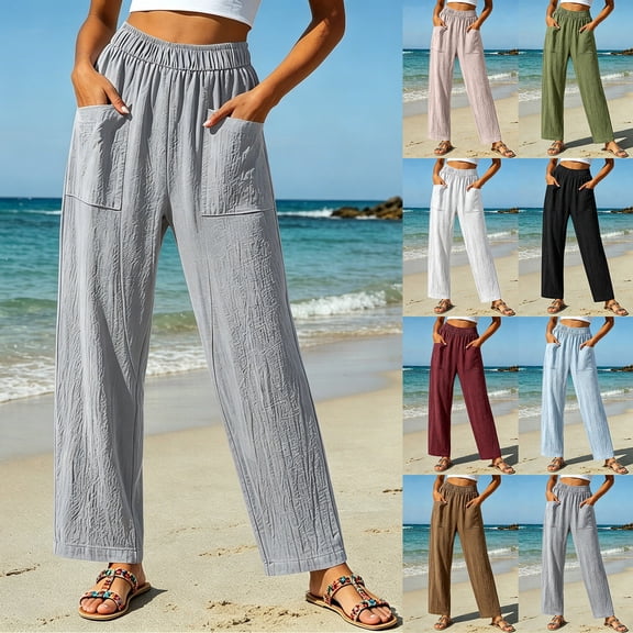 Tqcoqu Womens Linen Palazzo Pants Summer Wide Leg High Waisted Drawstring Casual High Waist Lounge Pant with Pockets,Army Green,Women's S-XXL