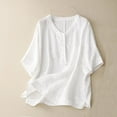 thumbnail image 2 of Dreluolixuan Linen Button down Shirt Women Long Half Sleeve Tee Tops V Neck Blouses Button up Tees with Pocket Solid Color Shirts Vintage 2024 Fashion Trendy Clothing White M, 2 of 3