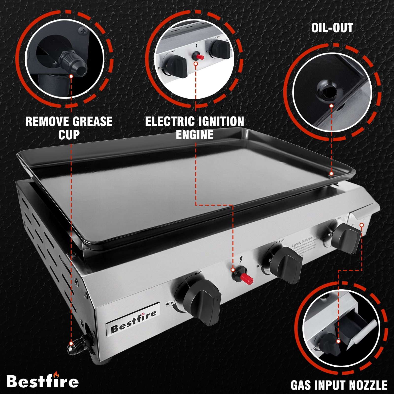 Bestfire 3 Burners Gas Propane Griddle,30000 BTU Outdoor Portable Propane Gas Grill Griddle, Stainless Steel Flat Top Griddle Station for Kitchen, BBQ, Camping Tailgating 23 Inch Flat Top Grill