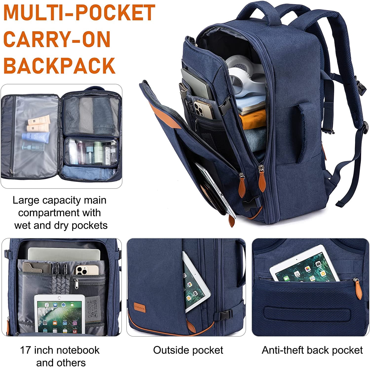 LOVEVOOK College School Backpack, 40L Expandable Carry On Luggage Backpack Flight Approved, Large Waterproof Hiking Outdoor Overnighter Bag for Men Women (Dark Blue)