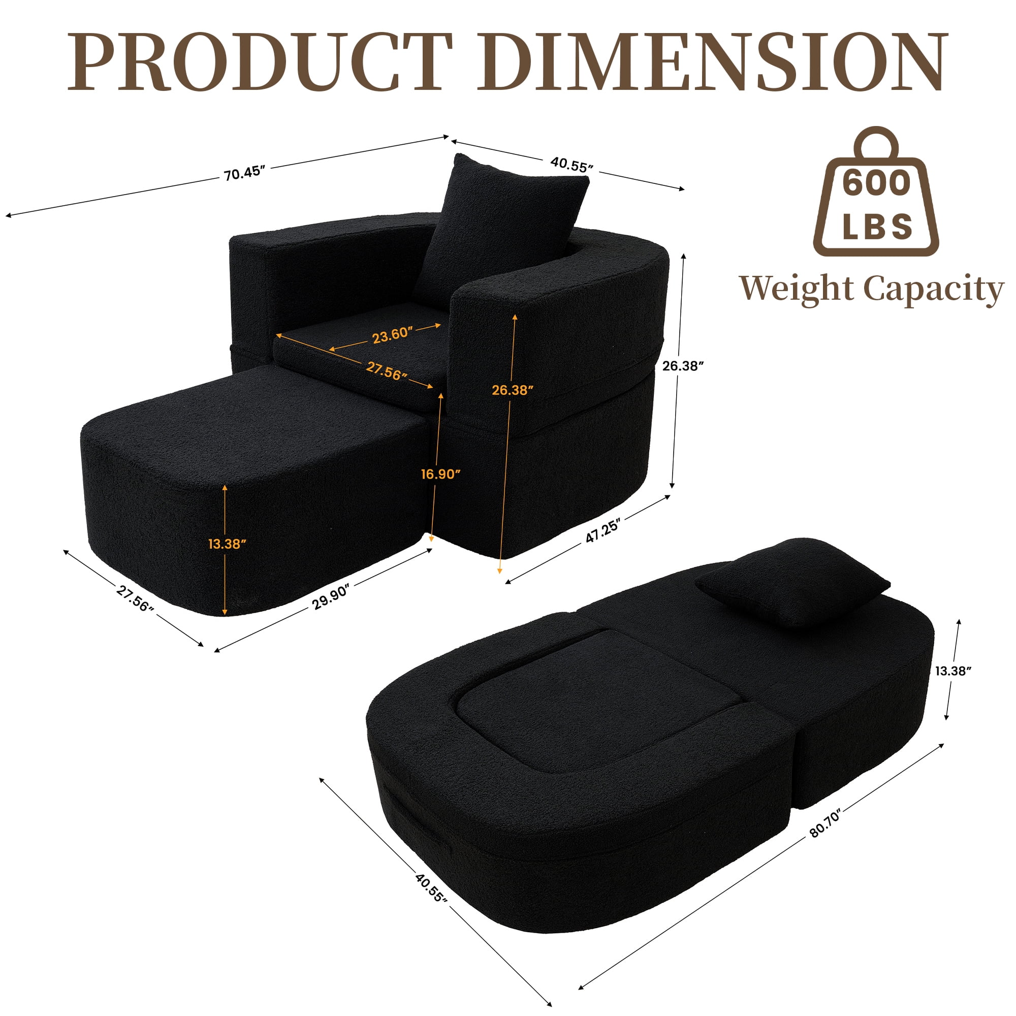 The Magic Home 41" Futon Sofa Bed Teddy Fleece Futon Couch Convertible Sleeper Floor Sofa Bed Upholstered Couch Reading Chair for Living Room, Black Couch, No Assembly