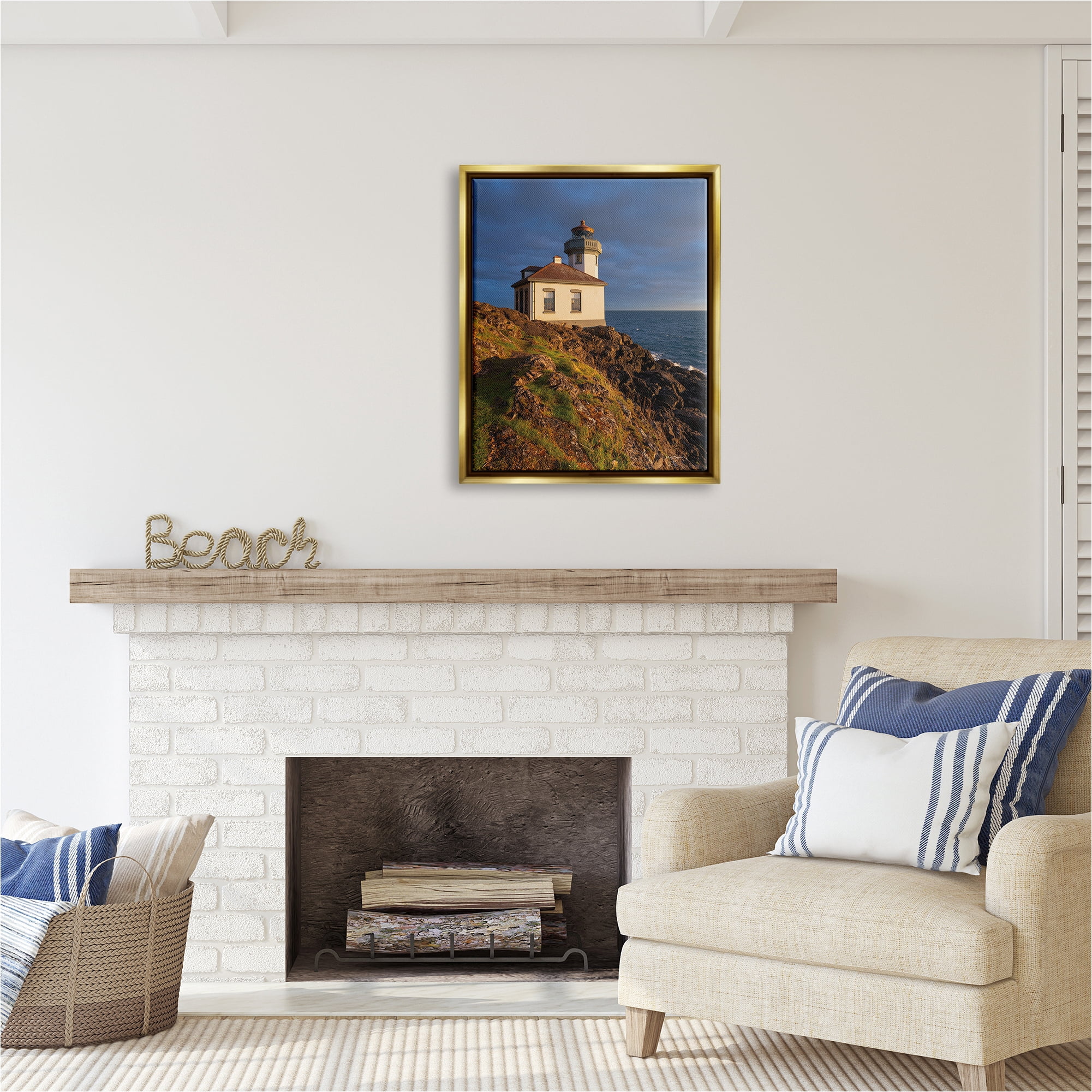 Stupell Industries Coastal Lighthouse Photography Landscape Photography Gold Floater Framed Canvas Art Print Wall Art, 25 x 31
