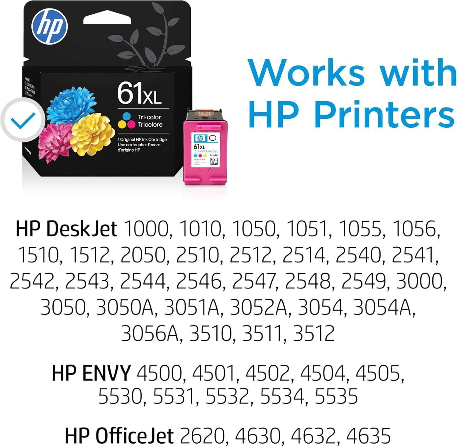 61XL Tri-color High-yield Ink Cartridge for Printers | Works with: DeskJet 1000, 1510, 2050, 2510, 2540, 3000, 3050, 3510; ENVY 4500, 5530; Offic 2620, 4630 | Instant Ink Eligible | CH564WN