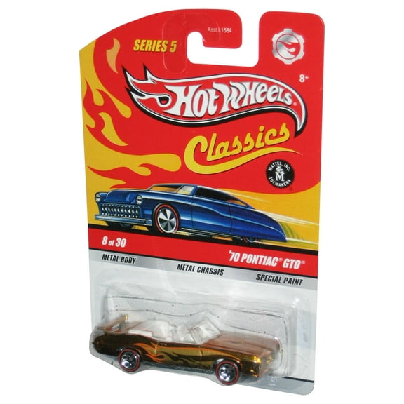 Hot Wheels Classics Series 5 (2008) Gold '70 Pontiac GTO Toy Car 8/30 - (Plastic Partially Loose From Card)