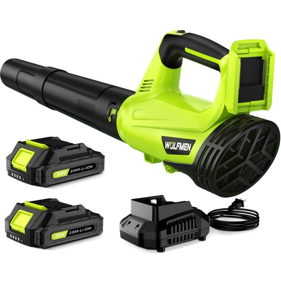Sopladora de hojas WOLFMEN eléctrica inalámbrica con 2 baterías, 450 CFM