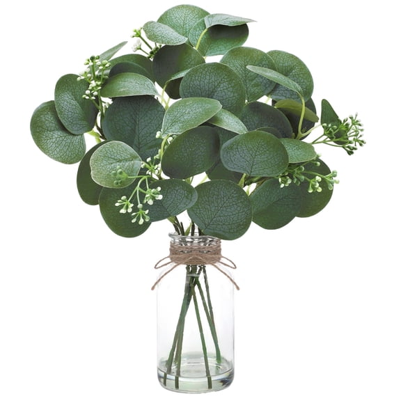 Scidweet Artificial Eucalyptus Stems in Glass Vase, Fake Plants Eucalyptus Leaves with Faux Water for Indoor Bathroom Bookshelf Coffee Table Home Decor