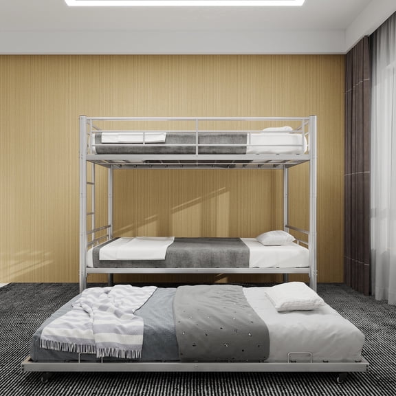 Kumix Twin Over Twin Bunk Bed with Trundle, Metal Frame with Ladders & Full-Length Guardrail, Converts to 2 Standalone Units, Triple Bunk Bed for Teens Adults, No Box Spring Needed, Silver