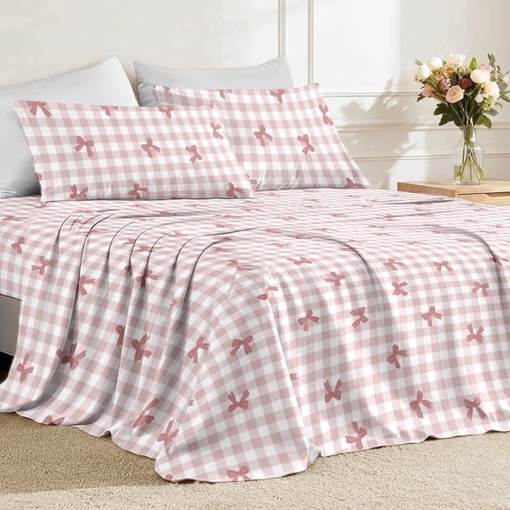 Flymme Pink Queen Sheet Set,4 Piece Gingham Bow Bed Sheets with Deep Pocket,Cute Bedding Includes 1 Fitted Sheet, 1 Flat Sheet and 2 Pillowcases