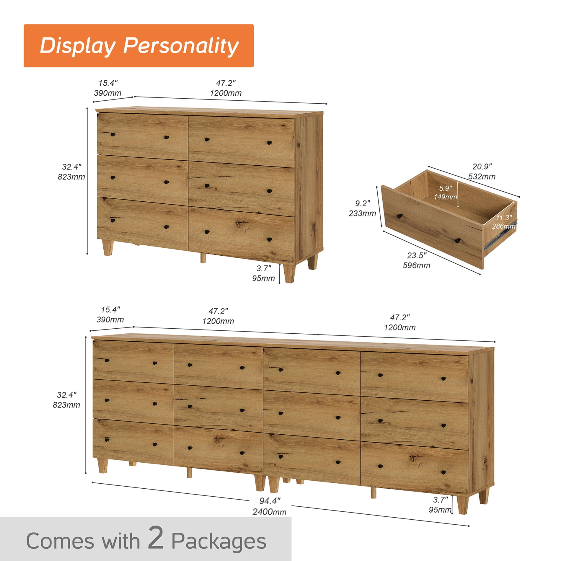 WAMPAT Dresser and Nightstands Set of 4, Wood Dressers with 12 Drawers, 2 Pieces Nightstands with Charging Stations for Living Room, Dark Brown Wood