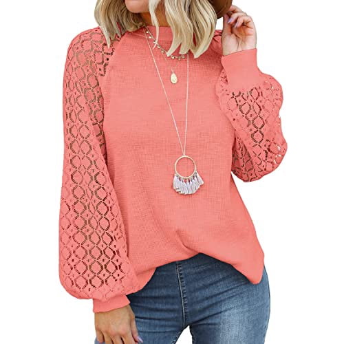 Hauts à Manches Longues pour Femmes en Dentelle, Blouses Décontractées, Rose, M