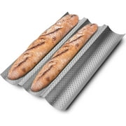 KITESSENSU Nonstick Baguette Pans for French Bread Baking, Perforated 3 Loaves Baguettes Bakery Tray, 15" x 9", Silver