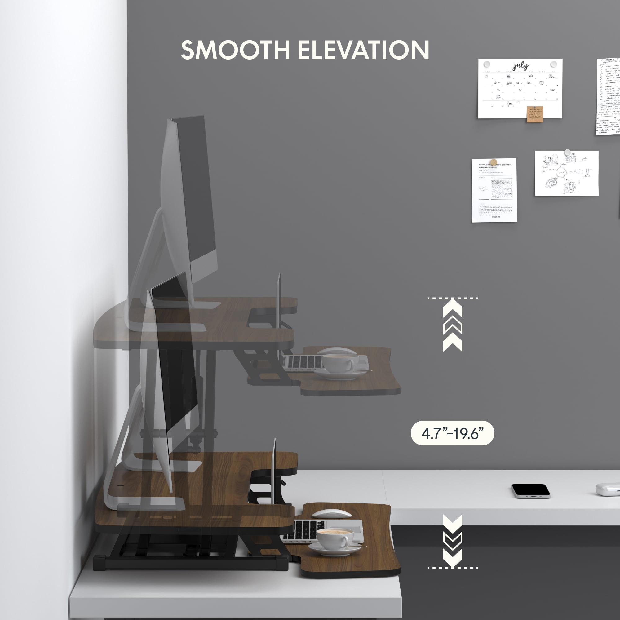 FitStand Home Office Height Adjustable Standing Desk Converter Walnut 42" U-Shape with Keyboard Tray