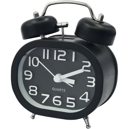 Black Retro Analog Alarm Clock Quartz Alarm Clock Silent Non-ticking Battery Powered Double Clock with Night Light and Sound Alarm