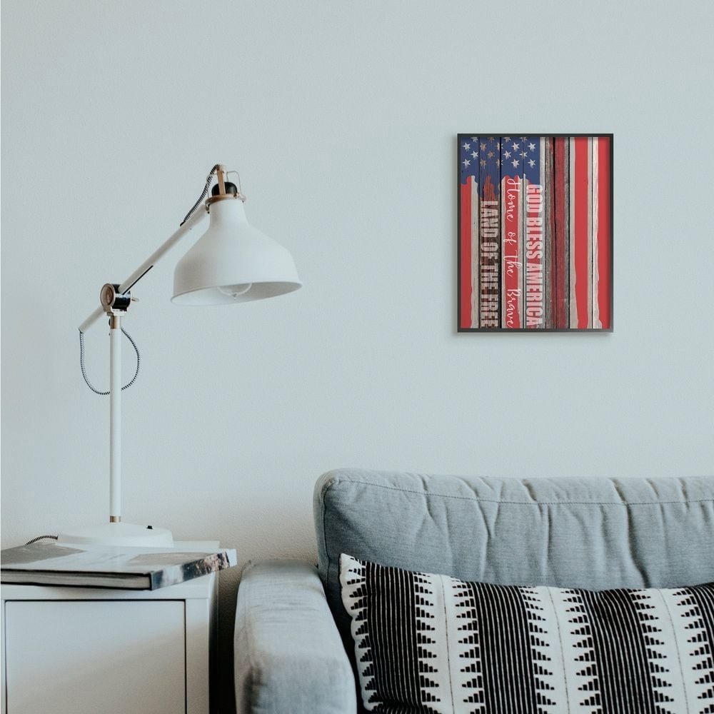 Stupell Industries God Bless America Wood Grain Flag Red White Blue Americana Framed Wall Art Design by Kim Allen, 16" x 20", Gray Framed