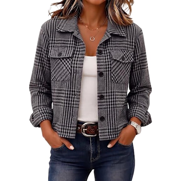 Fall Jackets For Women Plaid Lapel Collar Button Up Long Sleeve Cropped Shacket Casual Fall Trendy Outerwear Short Jacket With Pockets