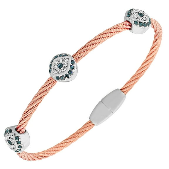 Fashion Alloy Rose Gold-Tone Twisted Cable White Blue CZ Evil Eye Bangle Bracelet