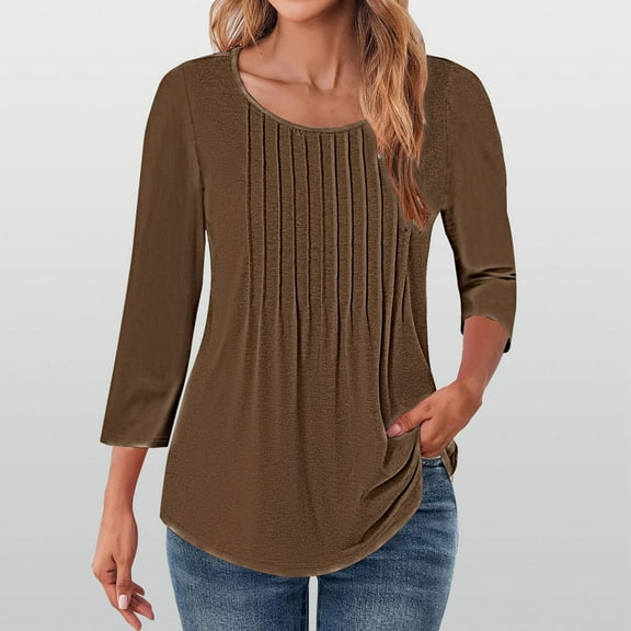 Brown Women's Long Sleeve T-shirt, 3/4 Length Sleeve Womens Tops Crewneck Summer Blouses 2025 Pleated Front Tunic Tops Tee Shirt Floral Print Clothes,Women's Long sleeve T-shirt XXL