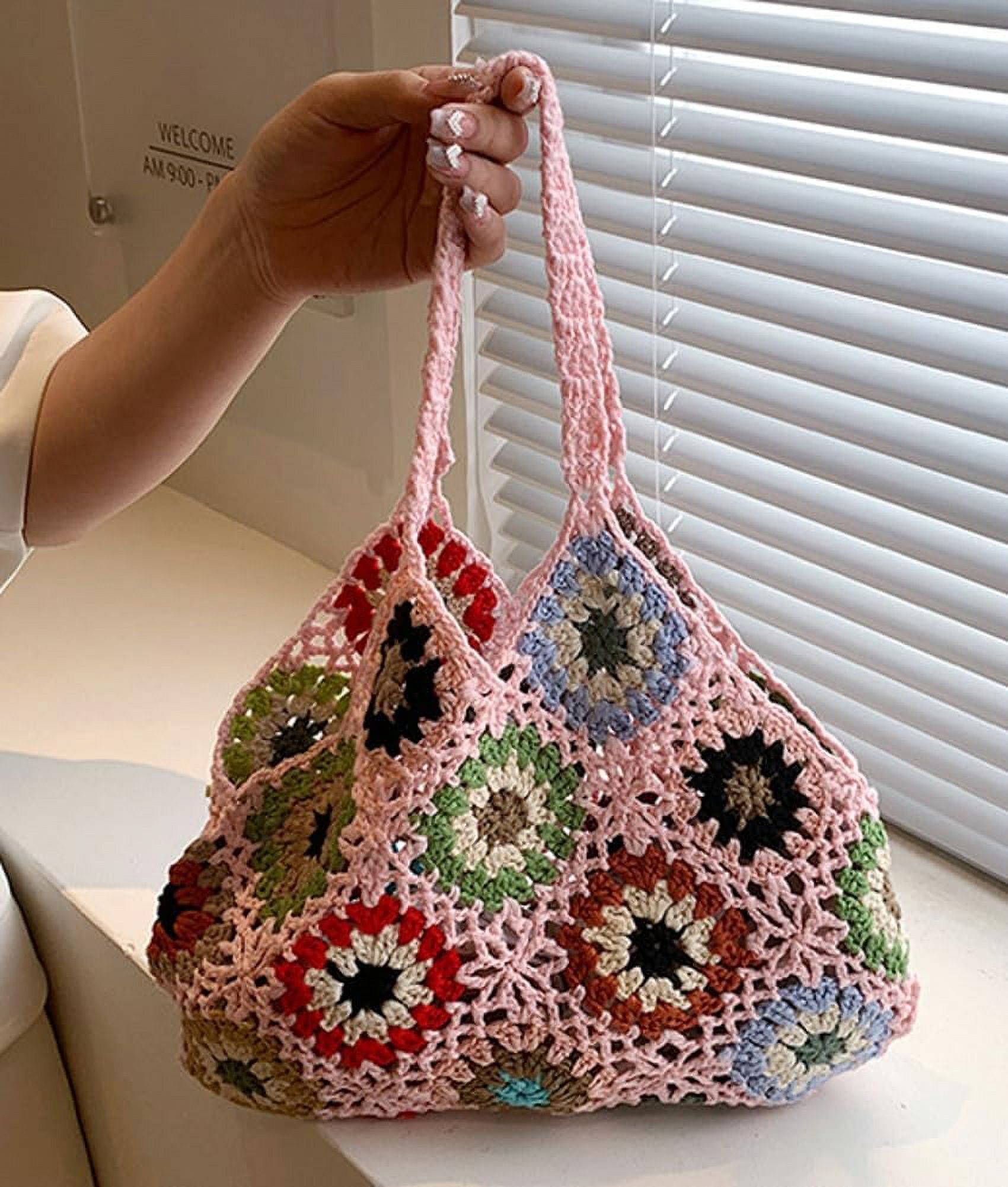 Kukuzhu Cute Floral Knitted Shoulder Bag Women Aesthetic Fairy Y2k Hobo Bag Crochet Small Hand Woven Beach Mesh Tote Purse
