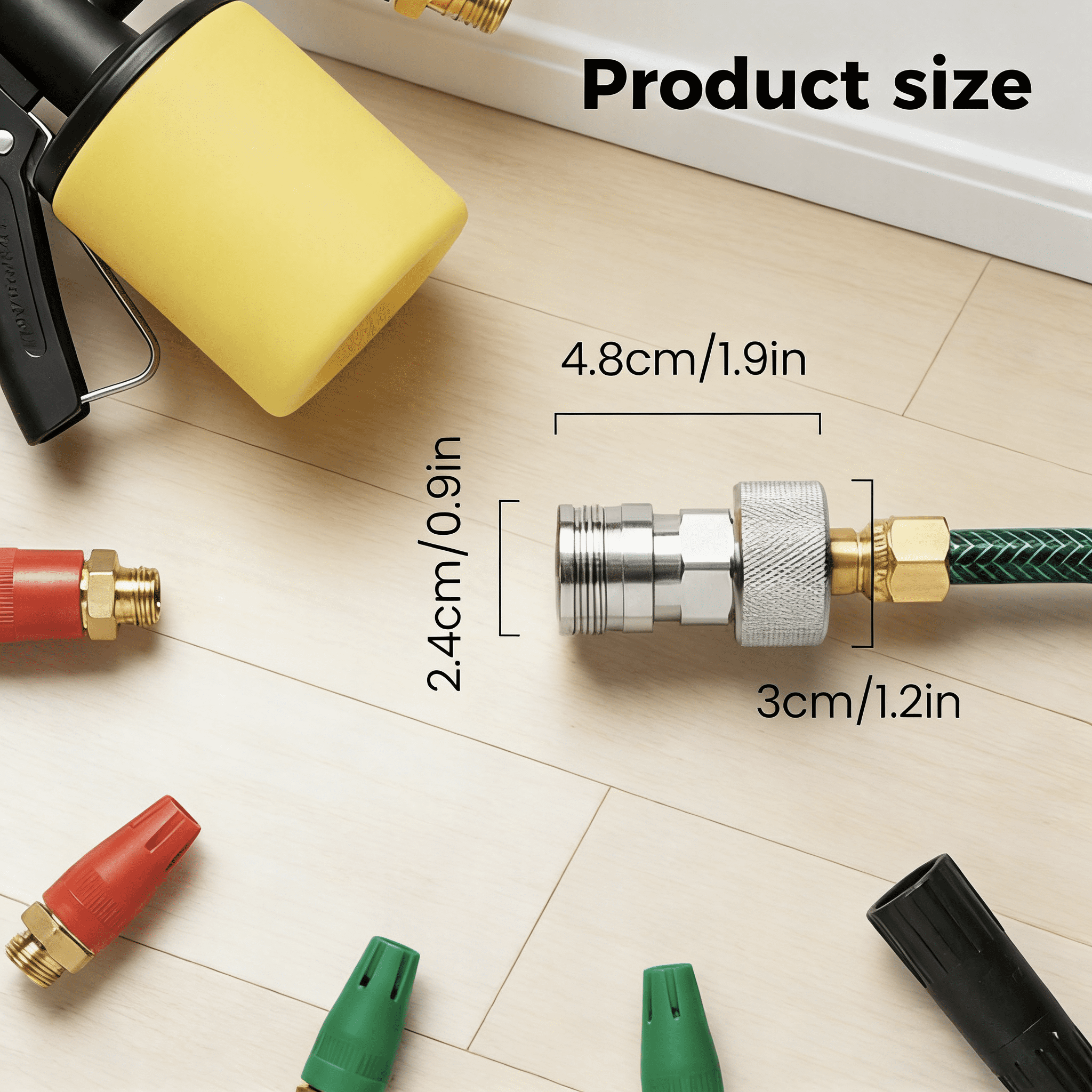 Garden Hose to Mini Power Washer Adapter-3/4" GHT to 1/4", Convert Water Hose to Power Washer Connector, Pressure Washer Spray Nozzle Tip Set with 5 Multiple Degrees Nozzle
