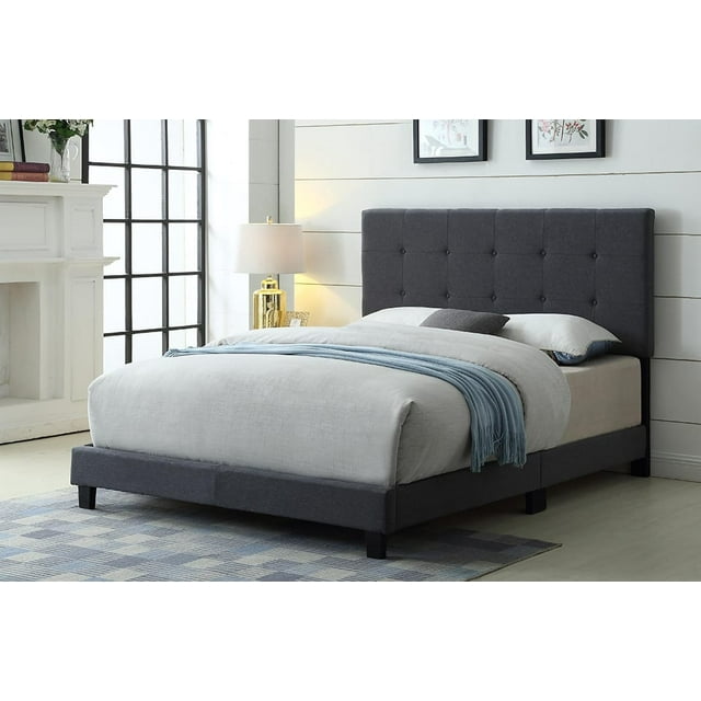 Logan Adjustable Upholstered Platform Bed with Button Tufted Headboard, Modern Linen & Faux Leather Bed Frame, Grey, Double