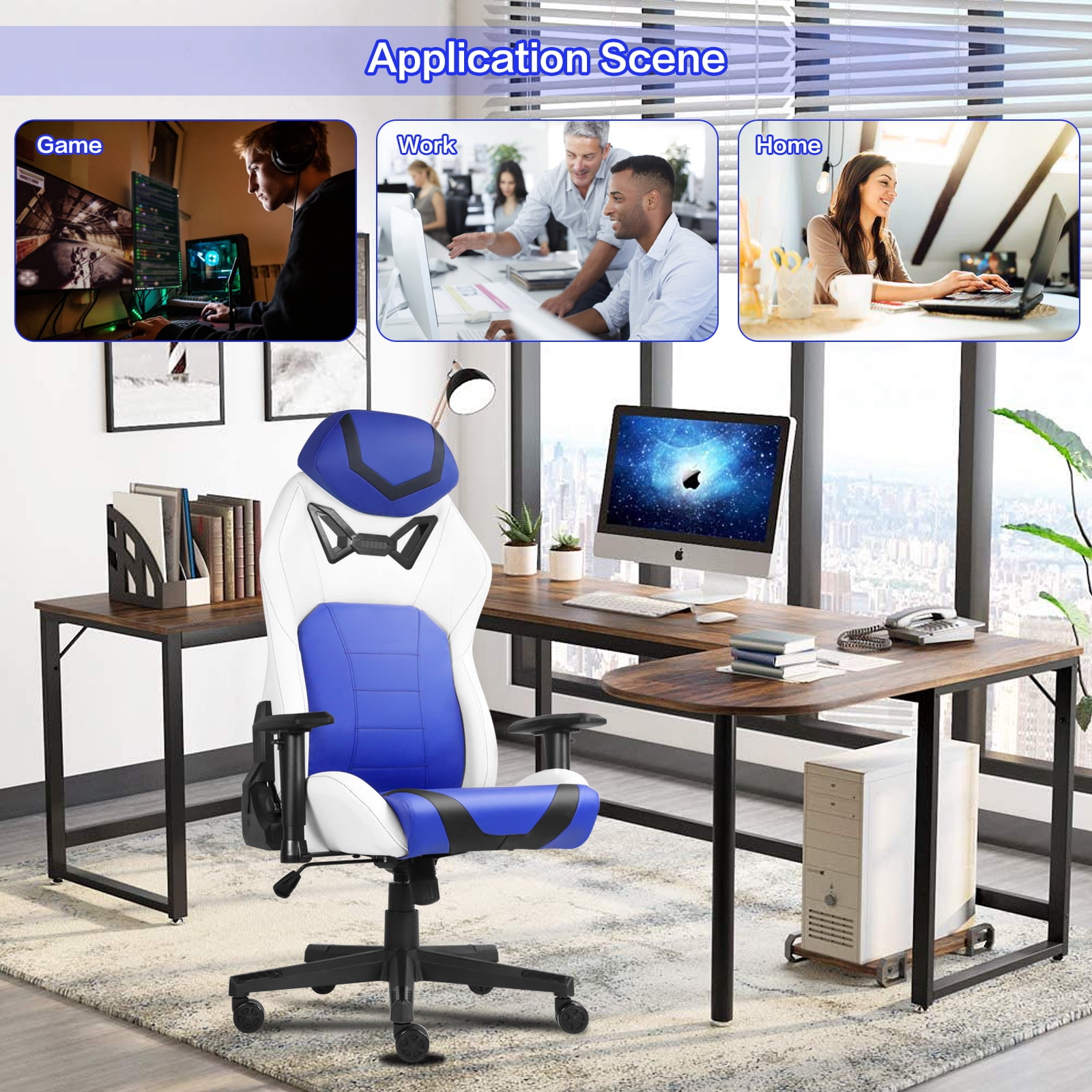 Ergonomic Gaming Chairs for Adults with High-Density Memory Foam | Swivel Comfortable Office Chair, Big and Tall Video Game Chair, High Back Computer Chair for Home, Office, Blue White