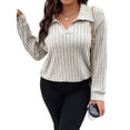thumbnail image 2 of Women'S Large Size Casual Knitted Sweater Lapel V-Neck Solid Color Top Long Sleeve Shirt Apricot XL, 2 of 8