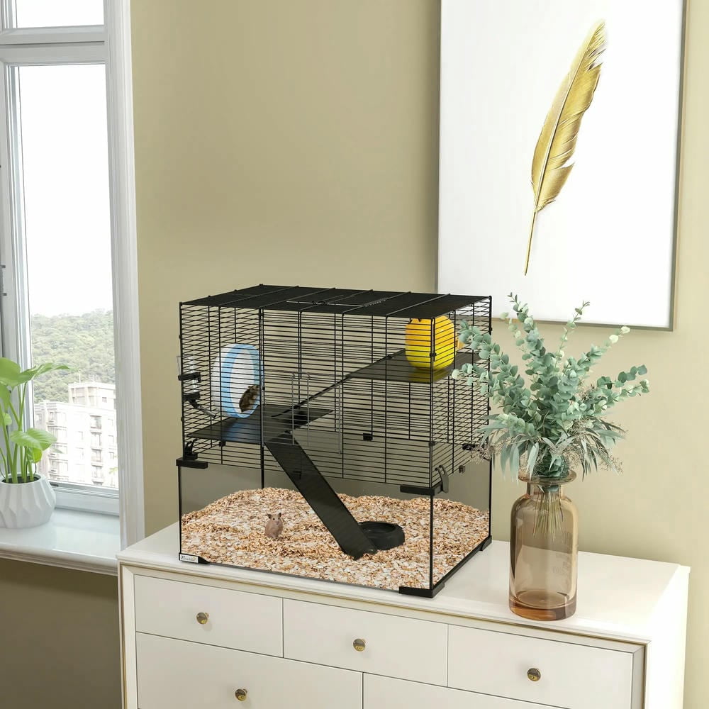Spaco 23.5" Hamster Cage, Gerbil Cage with Glass Basin, Pet Cage for Small Hamsters, Black