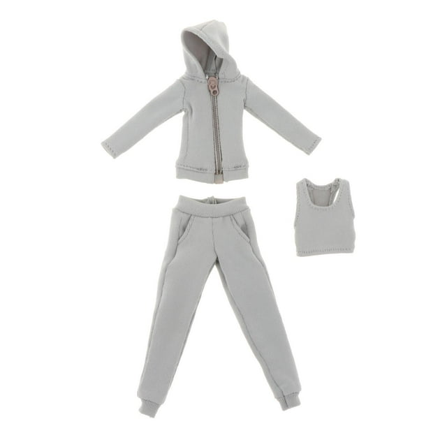 Figura de mujer a escala 1/12, 3 piezas, sudadera, pantalones y chaleco, ropa en miniatura para 6" Gris