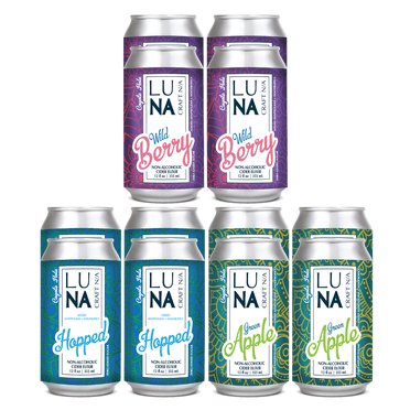 LUNA Varitey Pack Non-Alcoholic Cider Elixir Infused with Nootropics and Adaptogens - 12 Pack of 12oz Cans, 3 Flavors