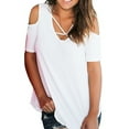 thumbnail image 6 of Ladies Cold Off Shoulder Short Sleeve T Shirts V Neck Tops Casual Criss Cross Tunic Blouse Women Summer Baggy Tee Shirt, 6 of 7